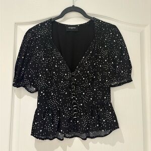 The Kooples Black Star-Print V-Neck Peplum Blouse